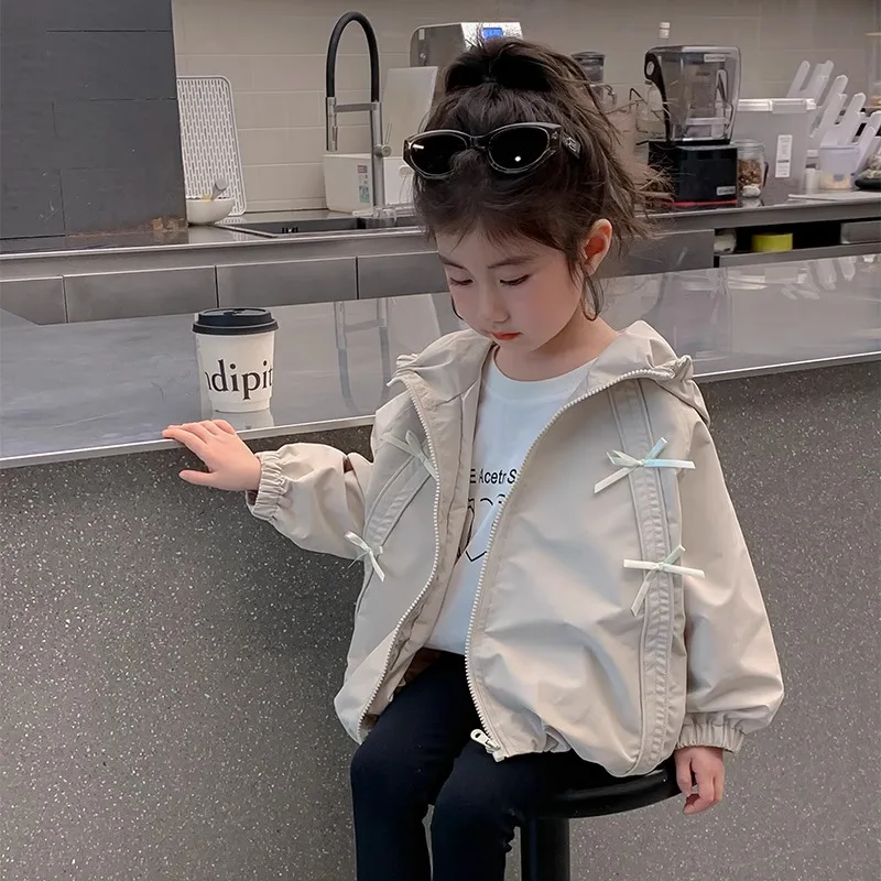 Autumn Kids Girls Jackets RAISE 2026 Bow Children Girls Long Sleeve Coat Zipper Hooded 2-12Yrs Teens Girls Windbreaker Outerwear