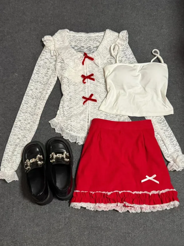 Elegant Sweet Bow 3 Piece Set Women Hot Girl Sexy Lace Tops + Casual Camisole + Y2k Mini Skirt Autumn New Retro Female Outfits