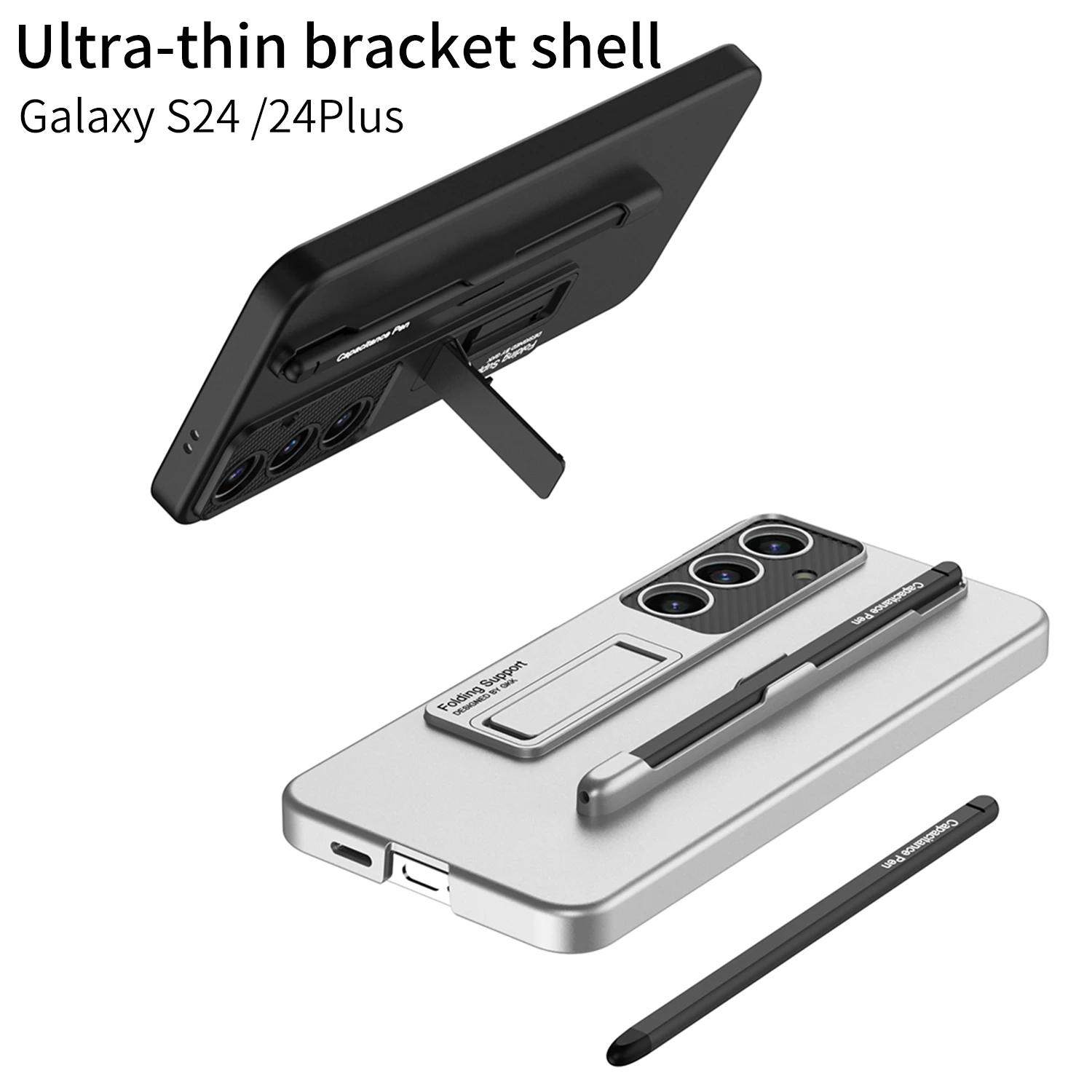 Shockproof Armor Plastic Pen Slot Case For Samsung Galaxy S24 Plus Ultra Camera Protective Stand Hard Cover Case With Stylus Pen