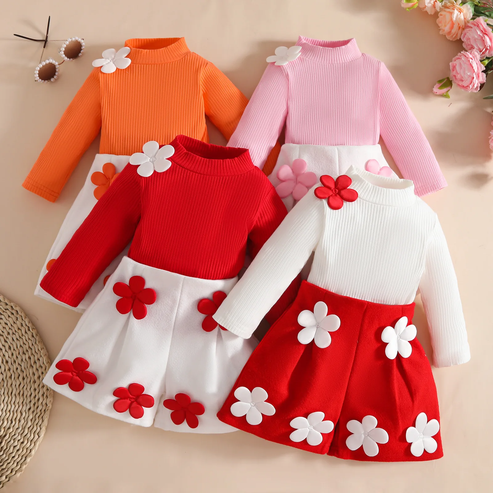 

Autumn Toddler Baby Girl Fall Outfits Long Sleeve Turtleneck Flower Tops Shorts Set Spring Infant Girl Clothes Outfit