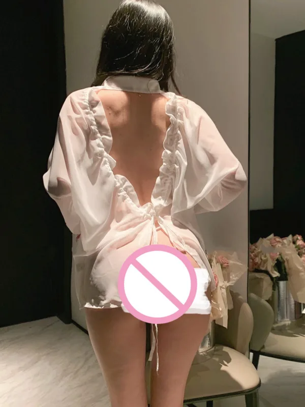 Roupas de moda verão feminina chiffon 2024 nova cor sólida apenas um conjunto manga comprida sem costas plissado camisa transparente 3a2l