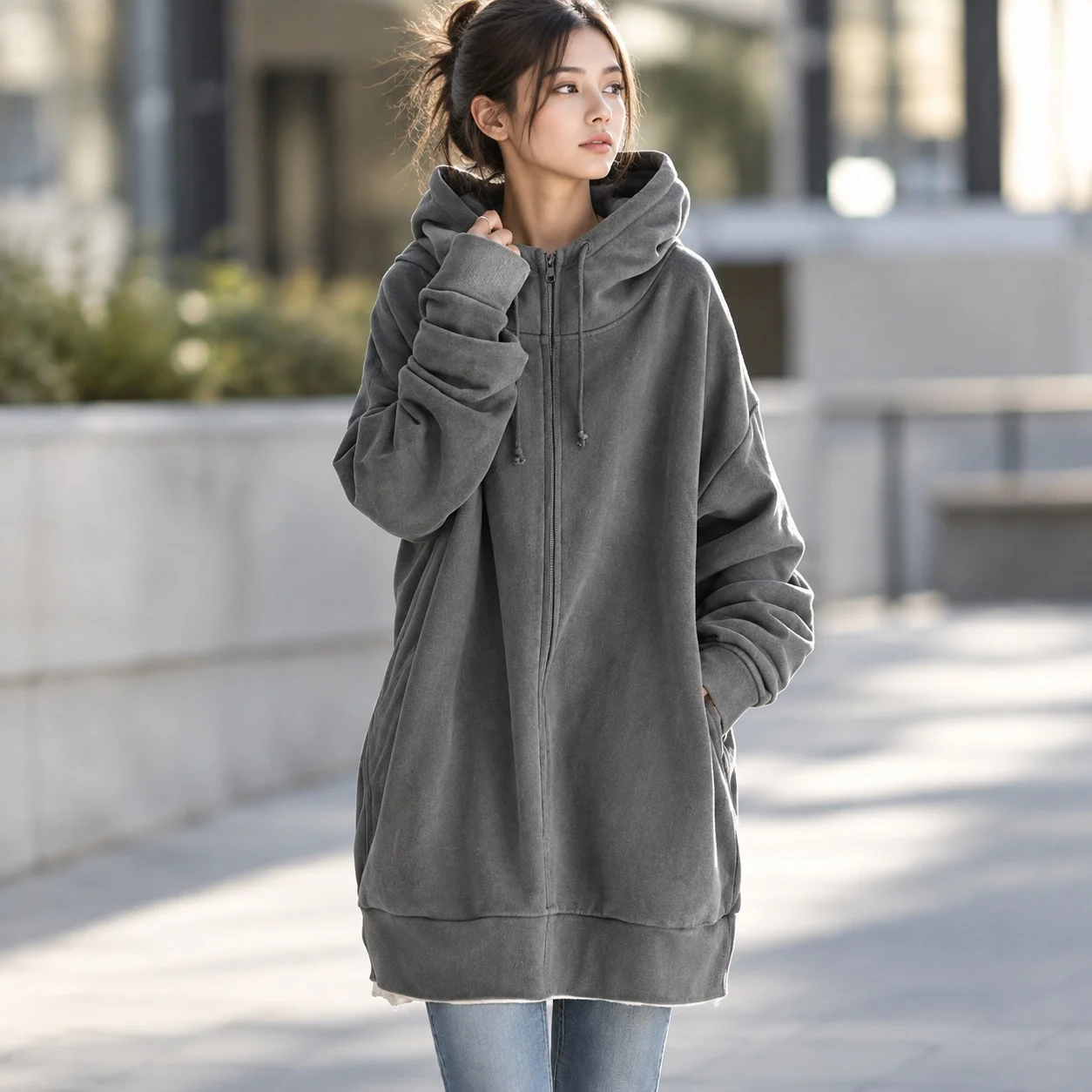Tie Ultra Thin Hoodie Streetwear with Strap Style Long Sleeve High Manganese Acid Wash Extra Long Length Winter Women Hoodie