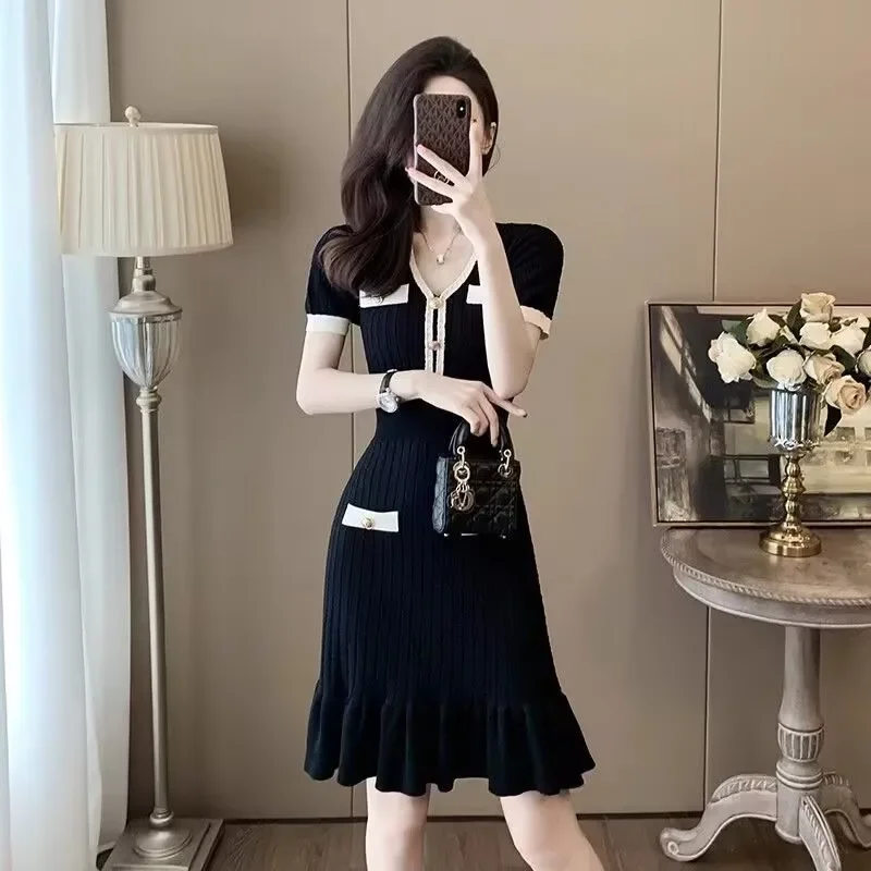 Damska Letnia Sukienka Paski Kolorowy Kontrast Bez Rękawów Golf Dzianina Vintage Prosta Wygodna Modna Niszowa Wszechstronna Obcisła Nowa