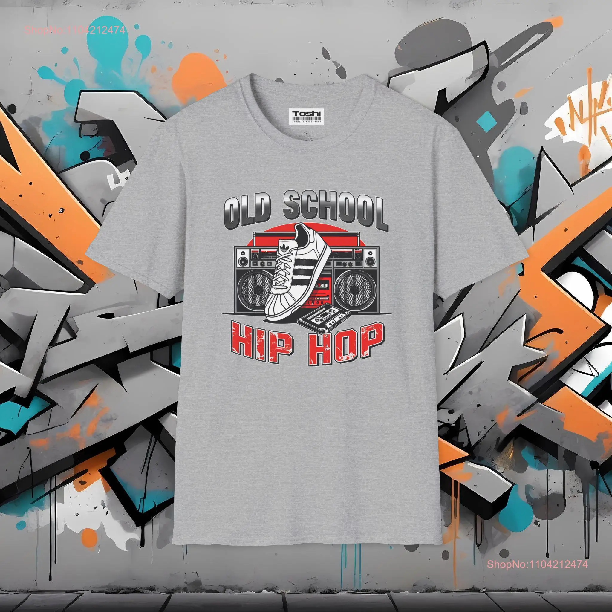 Old School Hip Hop T Shirt Adult Design with Boombox Kicks Cassette Tape Culture 80s Breakdancing B boy Graffiti