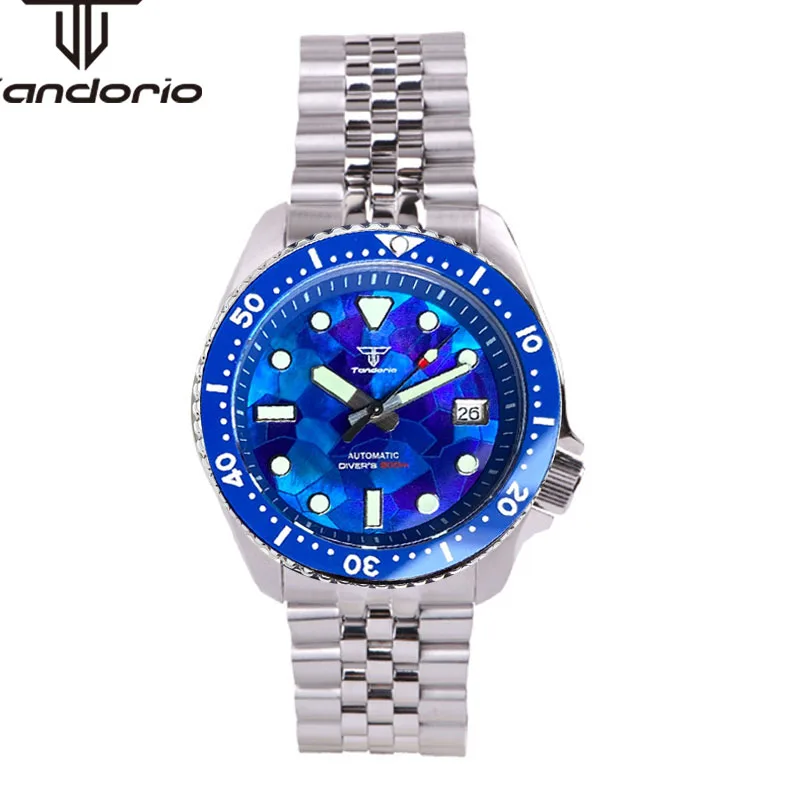 Imagem -05 - Relógio de Mergulho Automático Masculino Tandorio Mostrador em Madrepérola Safira Data Bisel Rotativo Coroa de Parafuso Luminoso Azul Nh35a 41 mm 200m