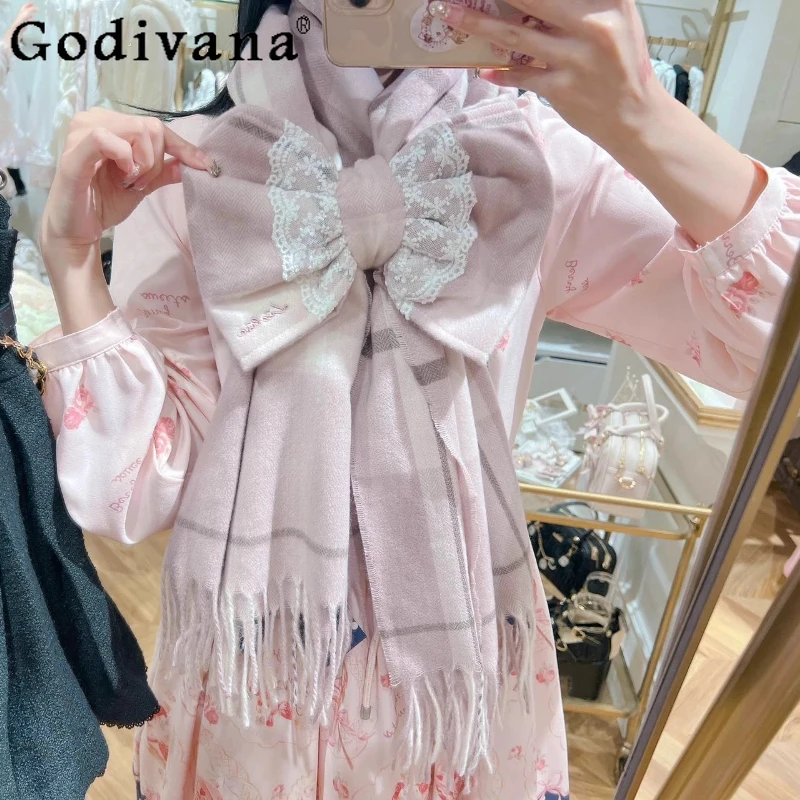 

202, японский супер мягкий съемный шарф с бантом для девочек, женский осенне-зимний новый шарф в клетку в стиле Лолиты Kawaii, милый женский клетчатый шарф для девочек