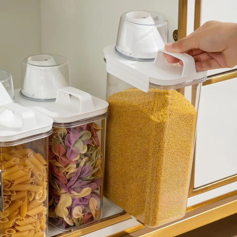 Grain Cereal Storage Container Plastic for Food Kitchen Accessories Rice Pet Food Jar Transparent Box with Sealed Measuring Lid