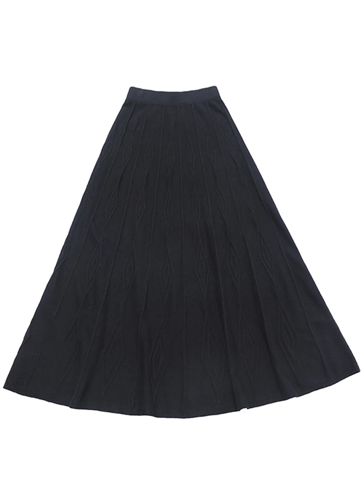 Women Fashion Autumn Winter Thick Knit Black Long Skirt Elastic Waist A-line Slim Retro Elegant Umbrella Skirt Versatile Style