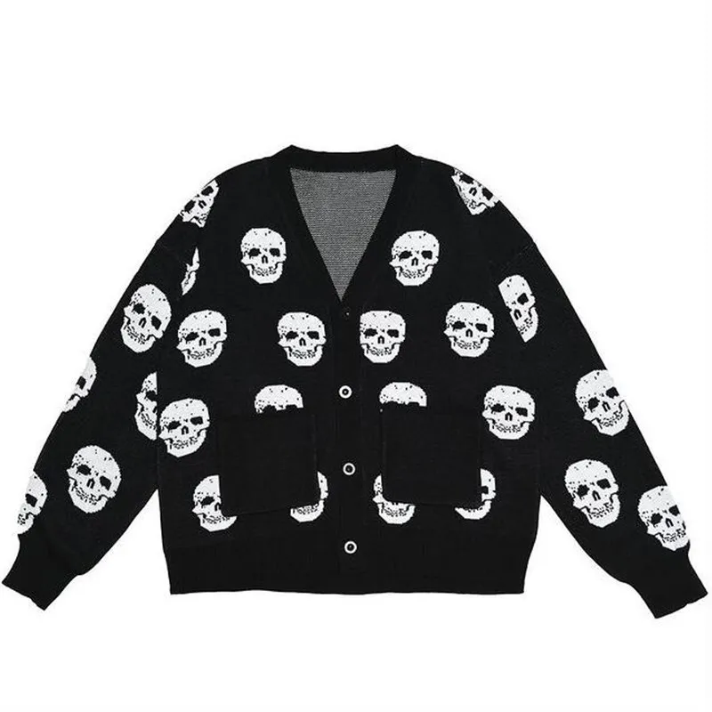 Y2K Clothing Skull Printed Knitted Cardigan Winter Men's Sweater Pocket Long Sleeve V-Neck Coat Women's Knitwear Sweaters Gothic