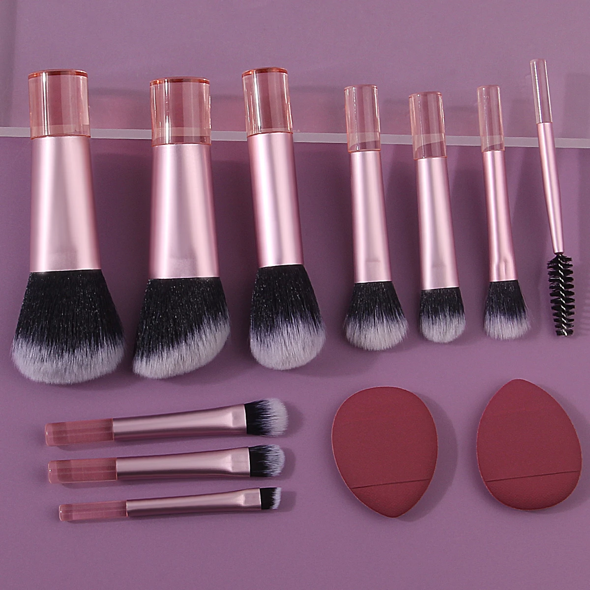 Juego de mini brochas de maquillaje multifuncionales portátiles, 10 Uds. + 2 uds., esponja de polvo para pulgar suave y no pegajosa, herramientas de belleza profesionales