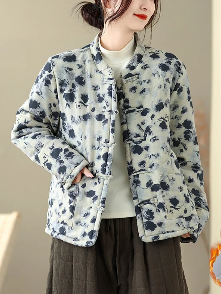 

Женская верхняя одежда из хлопка Thiened с пуговицами и воротником-стойкой, зимнее китайское пальто с цветочным узором