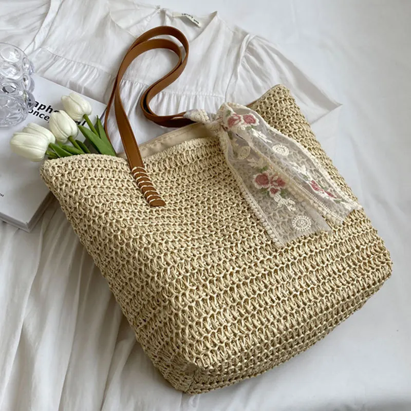 Yogodlns Vintage Women Woven Shoulder Bag Solid Color Lace Ribbon Tote Handbags Wicker Boho Straw Bag for Beach Handle Beige Bag