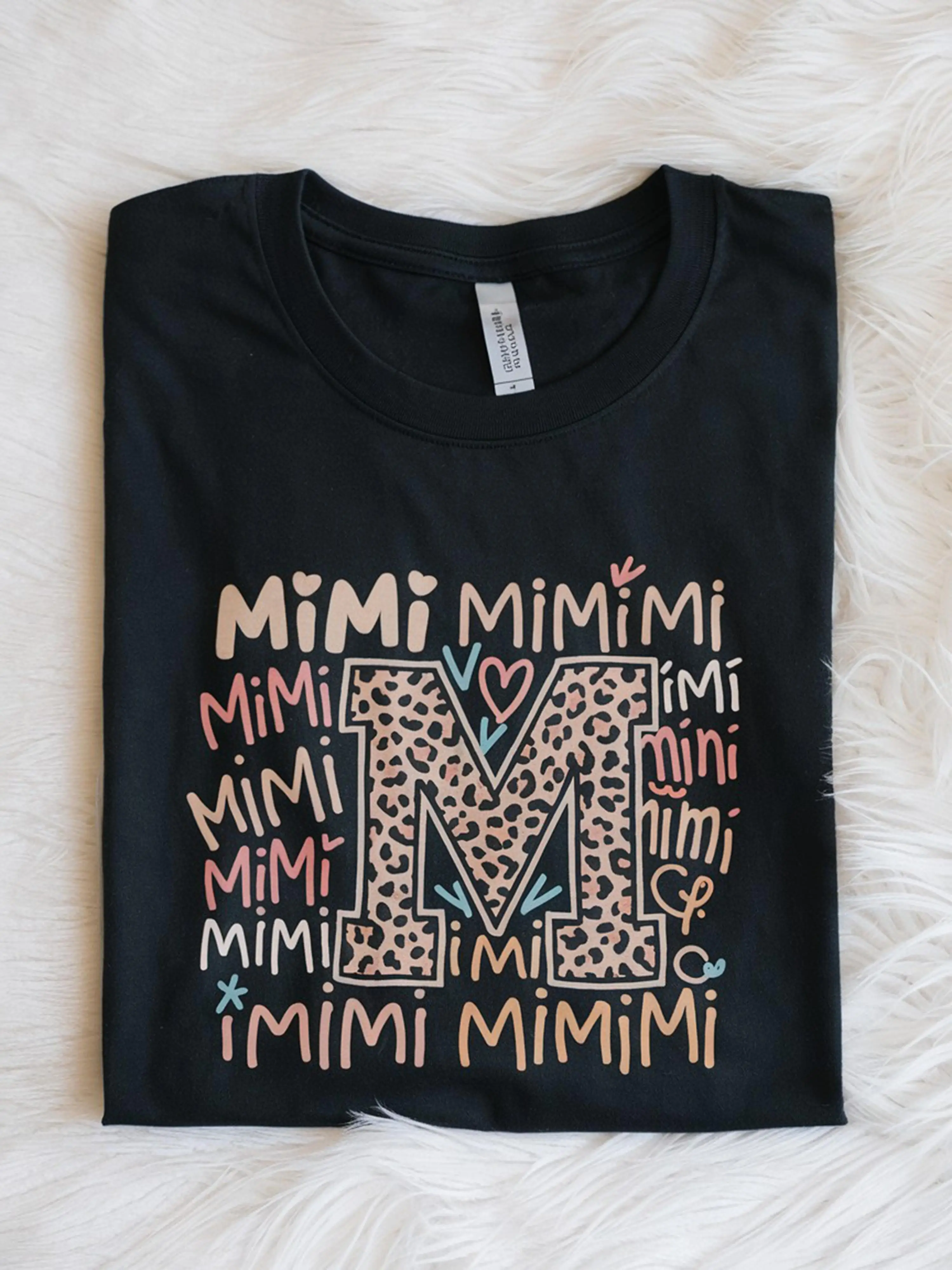 Mini Graphic Print Women's T-Shirt - 100%, Short Sleeve Crew Neck, Black with Colorful Mini Letter Design, Casual & Comfortable