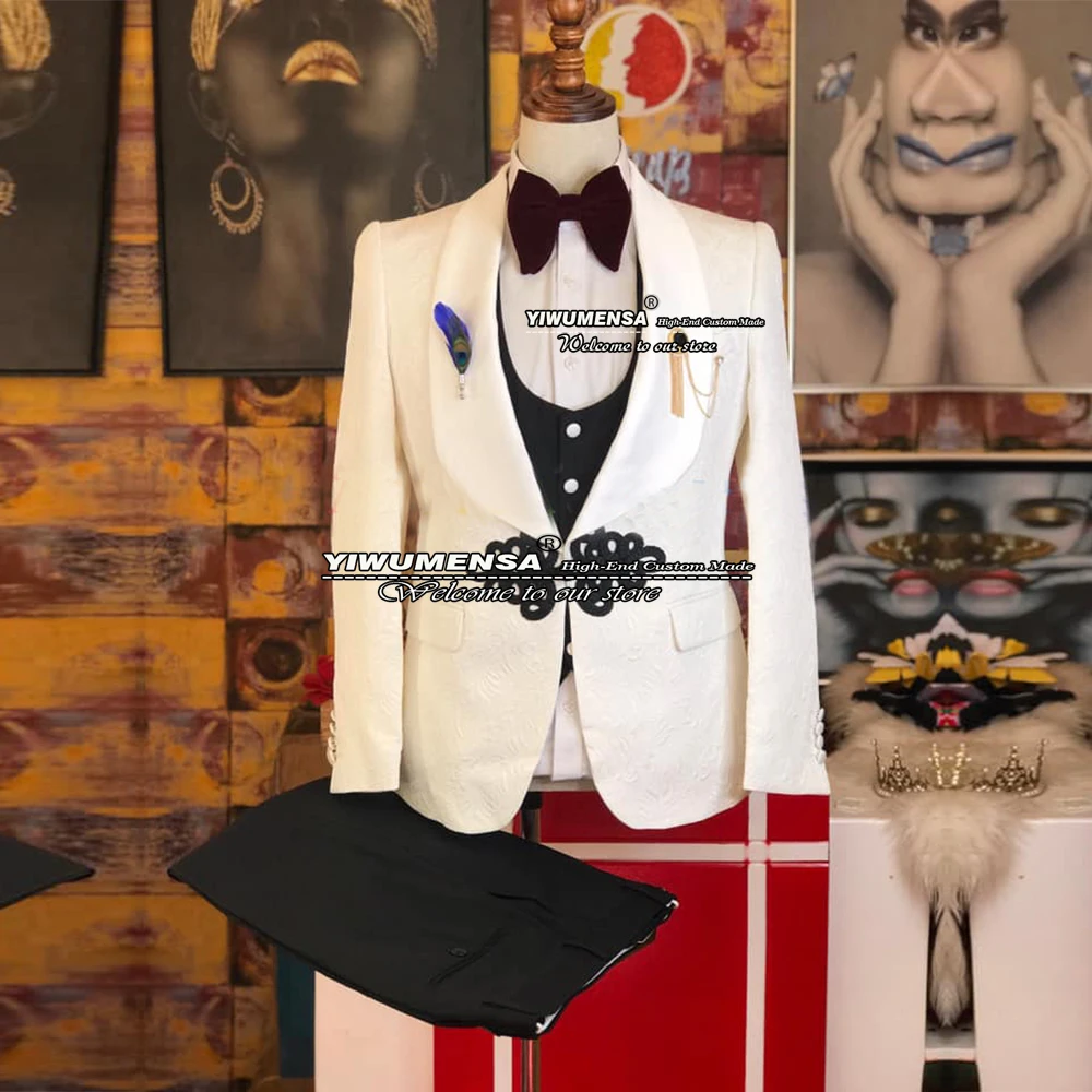 

Spring/Autumn Wedding Sutis For Men African Groomsmen Tuxedo Ivory Jacquard Jacket+Black Vest+Pants Slim Fit Terno Masculino Set