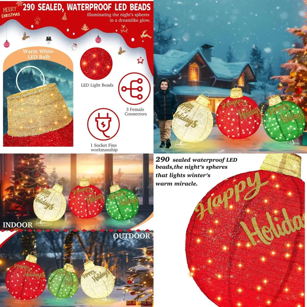 

3-Piece Expandable Christmas Decoration Set with 290 LEDs, Weatherproof, Red, Green, Gold Balls for Outdoor/Indoor Use