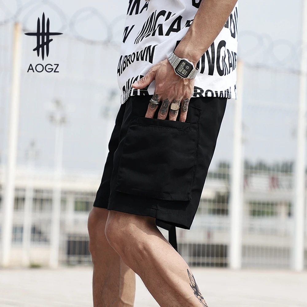 

AOGZ Hip Hop Multiple Pockets Elastic Waist Cargo Short Pants Men Streetwear Harajuku Knee Length Pants Loose Casual Shorts