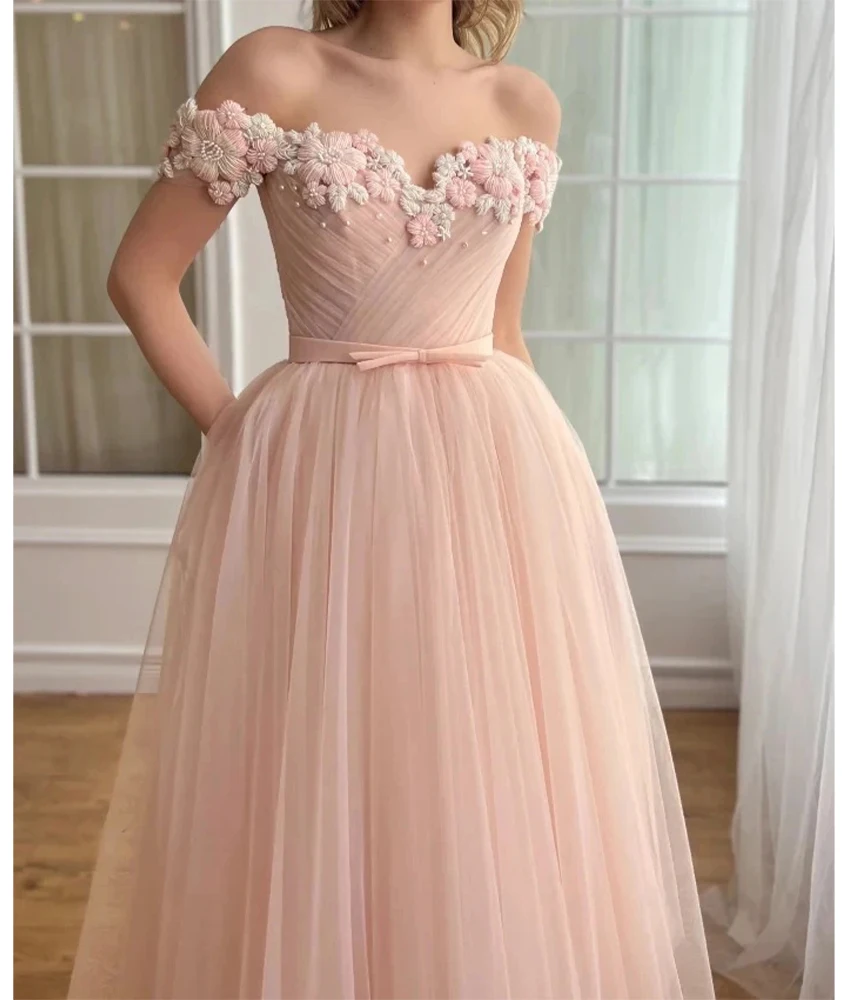 

Customized Classic Tulle A-Line Beading Pearls Flowers Off the Shoulder Evening Dress Delicate Sweetheart فساتين سهرة