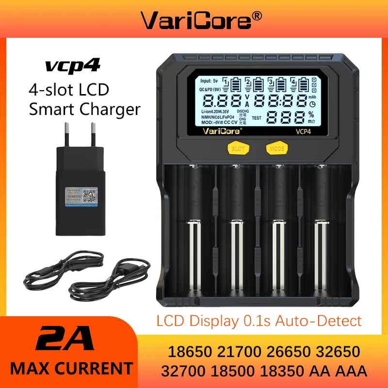 

VariCore VCP4 LCD Smrt Battery Charger Test Capacity for 3.7V18650 21700 26650 Li-ion 3.2V LiFePO4 32700 32650 1.2V Ni-MH AA AAA