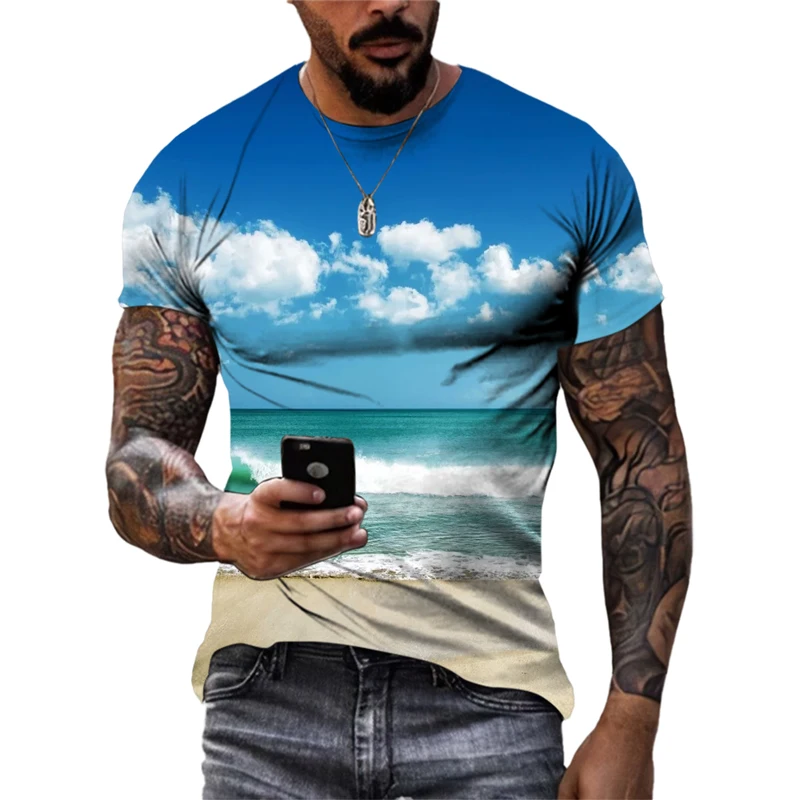 Summer Sunlight Sea Wave Sand Casual Style graphic t shirts Fashion New Men Leisure Printed Round Neck Short Sleeve Tees Tops