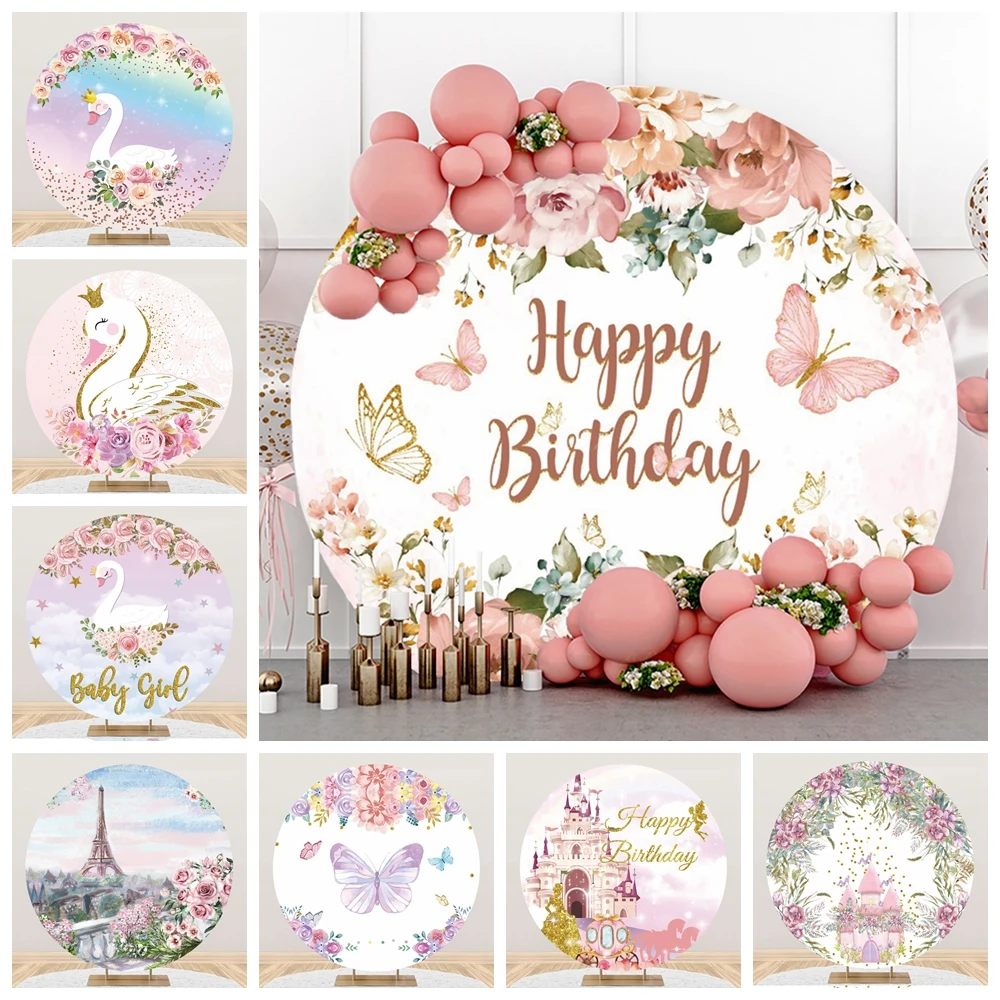 

Round Backdrop for Girl Butterfly Swan Castle Flowers Theme Birthday Party Decor Baby Shower Custom Name Photography Background