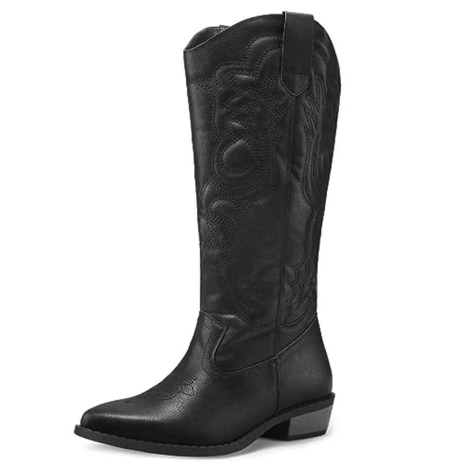 

Women's Cowboy Boots Mid Calf Western Embroide Pointed Toe Chunky Heel Pull On Cowgirl Boots Fit Medium Wide Width