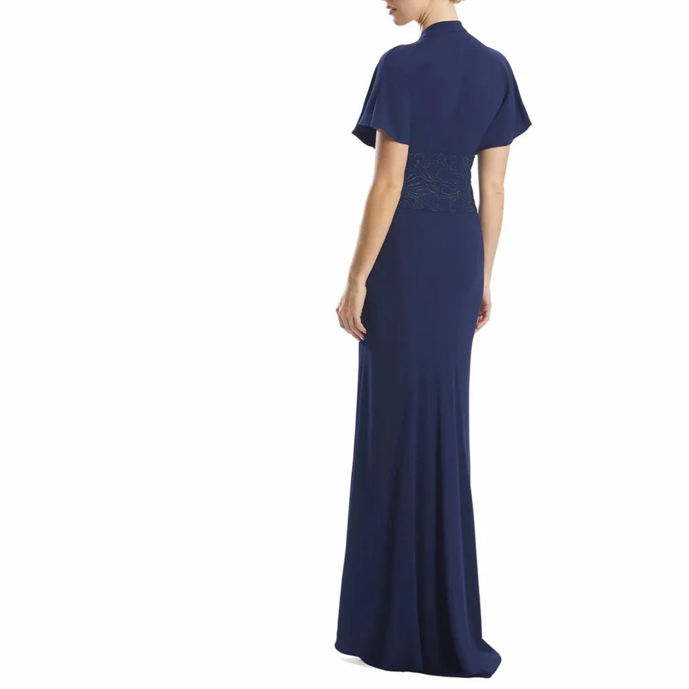 Customized Classic Pleat V-Neck Floor Length Front Slit Straight Celebrity Gowns Jersey Short Sleeves Vestidos Para Mujer