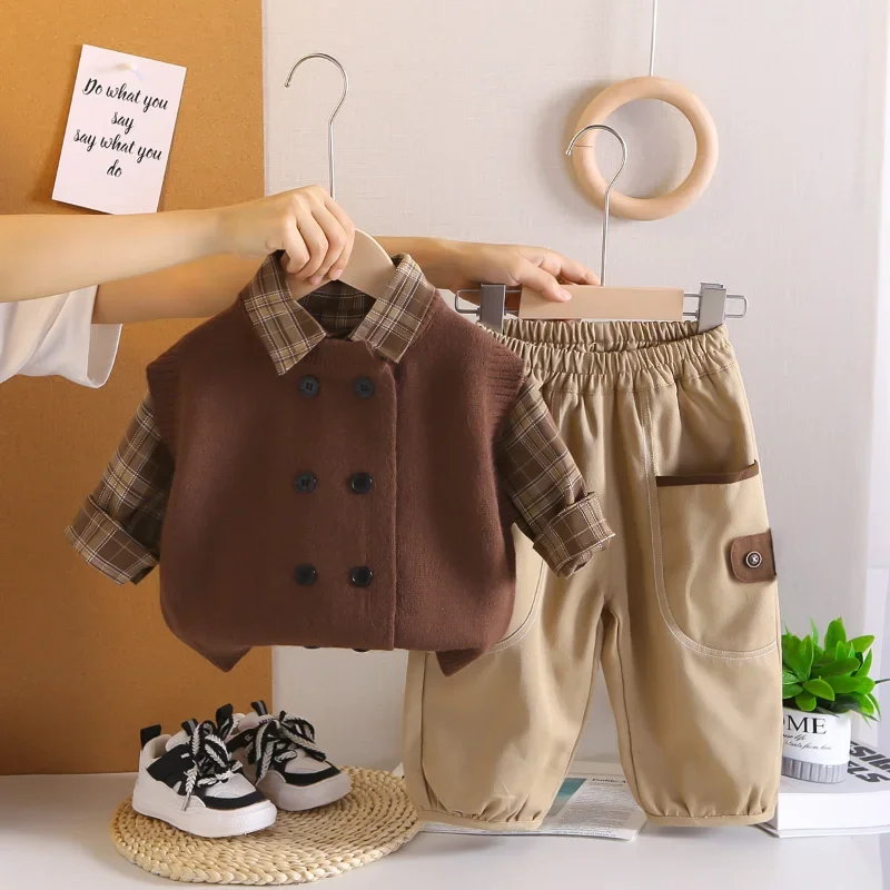 New Spring Autumn Baby Boys Clothes Set Children Vest Plaid Shirt Pants 3Pcs/Set Infant Clothing Toddler Outfits Kids Tracksuits