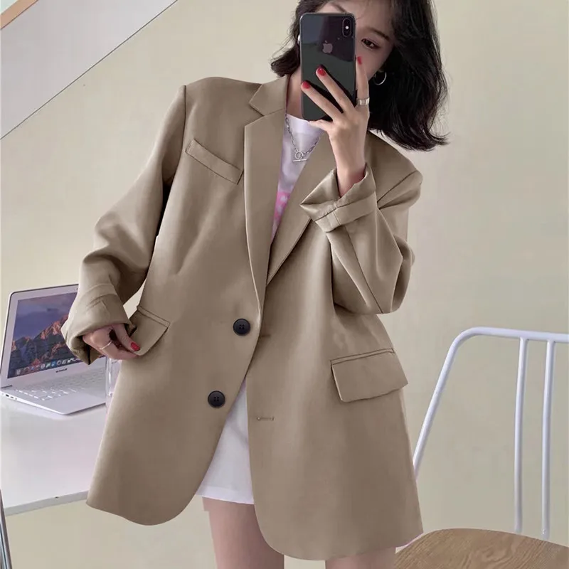 Spring Summerthin Loose Office Lady Fashionable Solid Color Blazers Button Pockets Notched Women\'s Clothing Long Sleeve Sweet