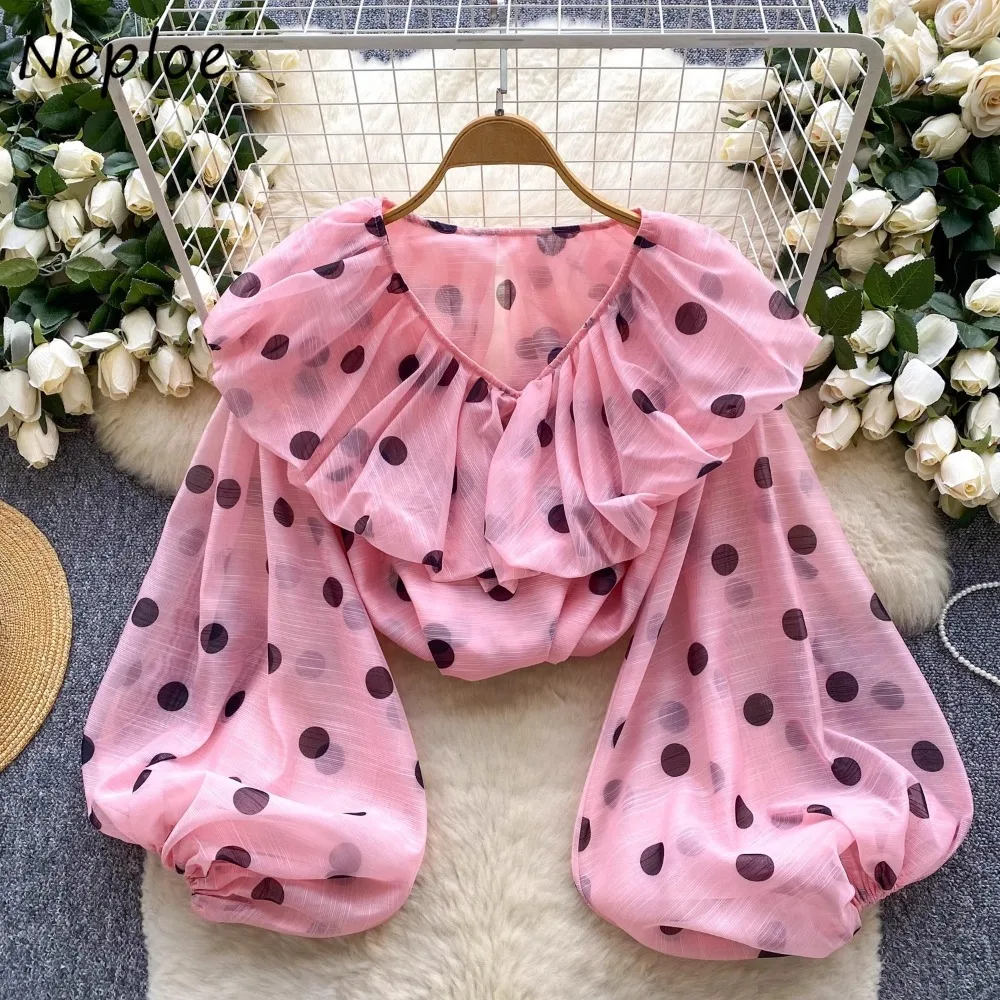 

Neploe Europe Polka Dot Puff Sleeve Exquisite Top Casual Simple Loose Ruffles All-match Shirt Minority Elegant Office Lady Mujer