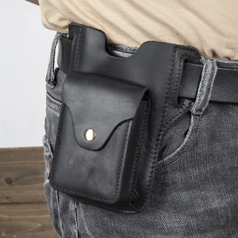 Men's leather wallet for mobile phone, retro top-grain cowhide, outdoor sports, construction site work, tactical pants waist bag