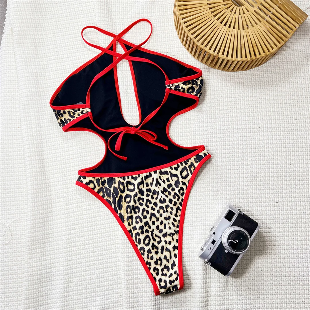 Leopard Cross Back High Leg Cut Monokini Neckholder Einteiliger Badeanzug Damen Badebekleidung Gepolsterter Badeanzug Badeanzug V7041 – Detail 6