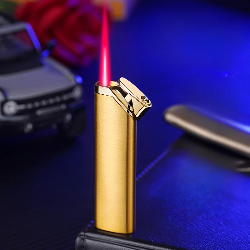 Mini tira de gás butano de chama vermelha, isqueiro de metal portátil à prova de vento, acessórios para cigarros