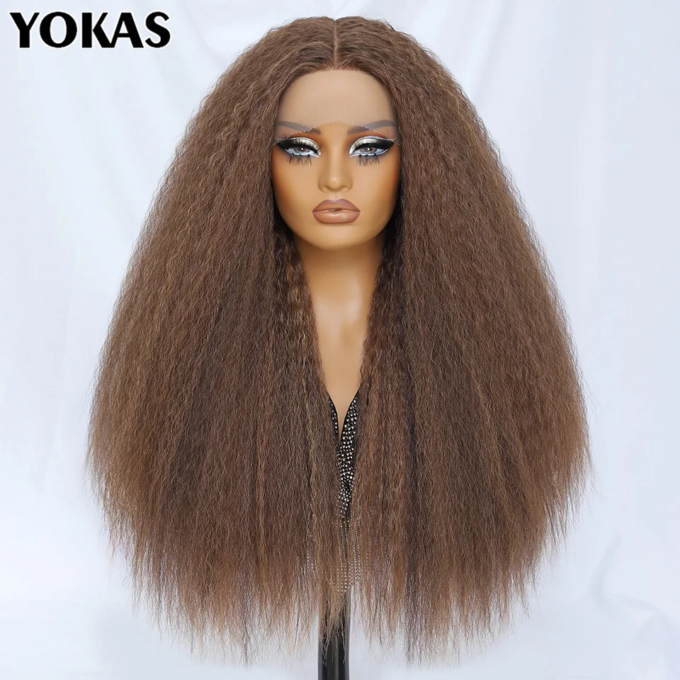 

28 Inch Synthetic Lace Front Wigs For African Women T Part Lace High Temperature Fiber Kinky Straight Lace Wigs For Afro Female