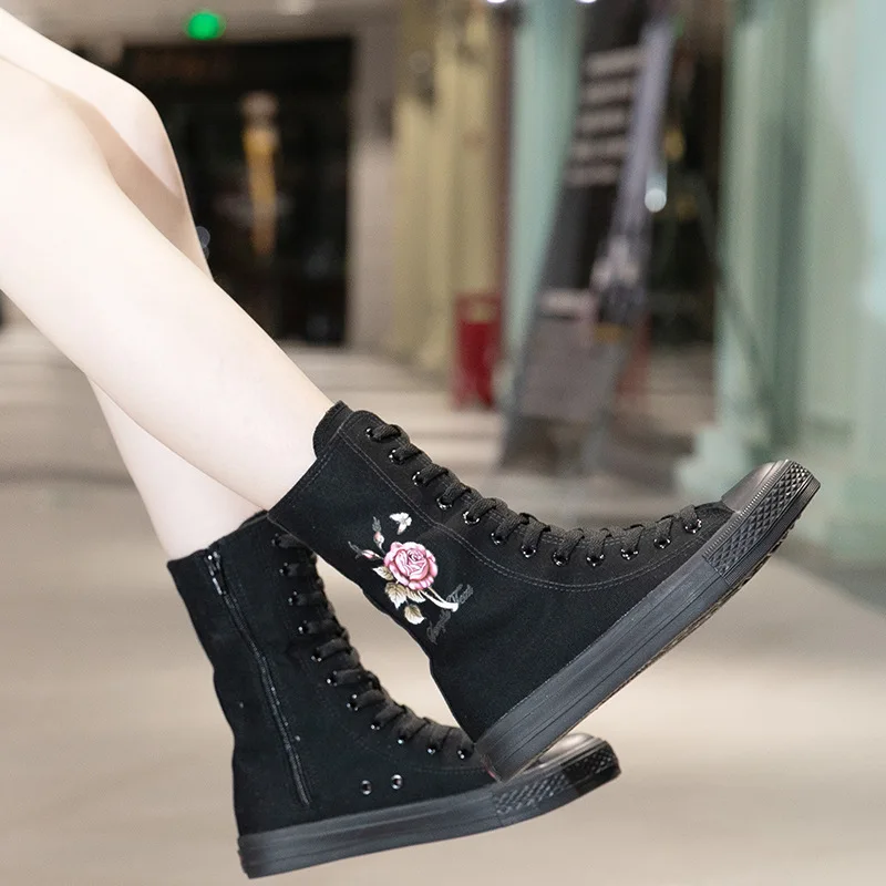 New Women Sneakers Mid Boots Canvas Lace Up Side Zipper Hand Painted Rose Pattern Classic Casual School Shoes Women Sport Shoes