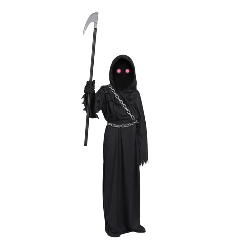 Bambini Dark Ghost Glow Eyes Grim Reaper Costume, spaventoso Phantom Scythe Chain puntelli Halloween Black Party Mask Costume