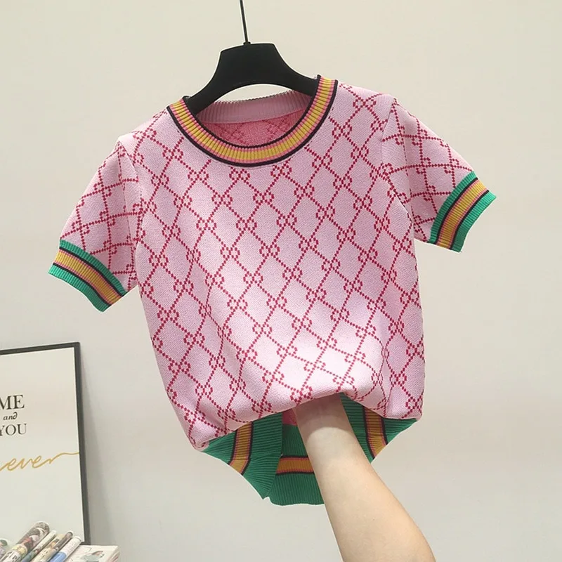 2023 Summer Geometric Plaid Knitted Jumper Women Clothing Short Sleeve Striped Pullover Round Neck Casual Sweater Crop Top