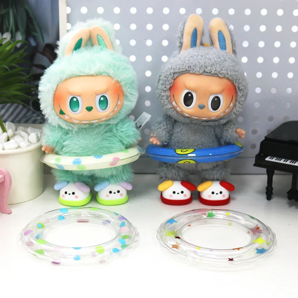 Akcesoria dla Labubu 17 cm, koło do pływania, dekoracja dla lalki, kreskówkowy wzór, kropki, gwiazda, przezroczysta zabawka, koło do pływania, prezent.