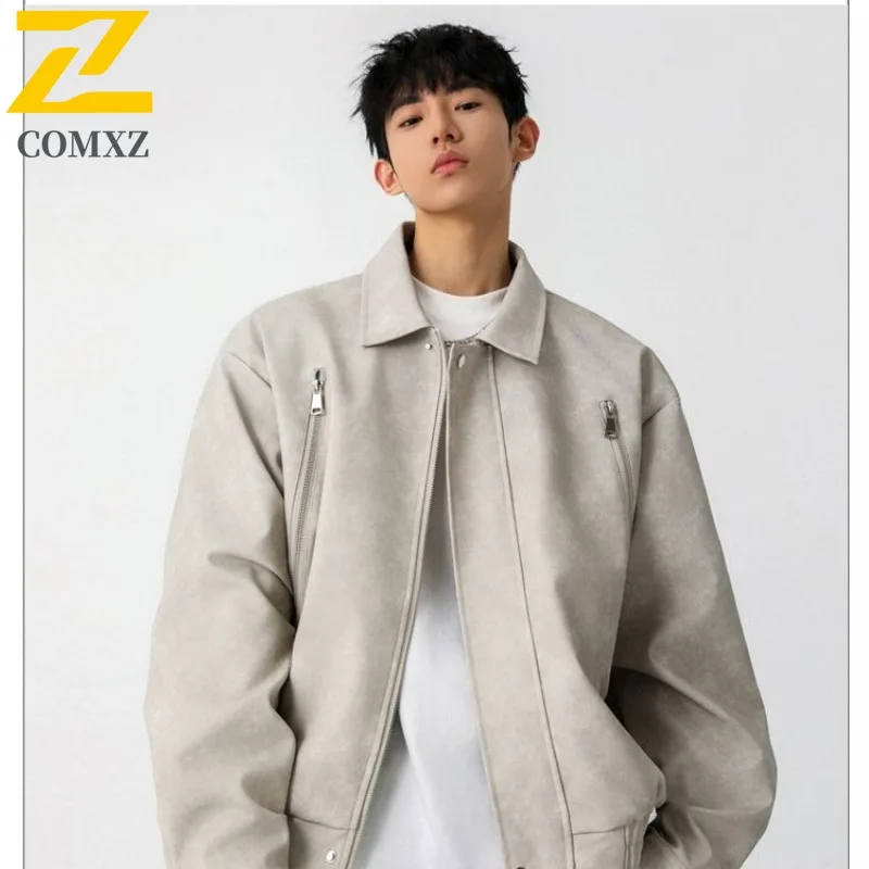 

Мужская осенняя рабочая куртка, тяжелое байкерское пальто из искусственной кожи с воротником-стойкой, водонепроницаемая ветрозащитная винтажная мотоциклетная верхняя одежда