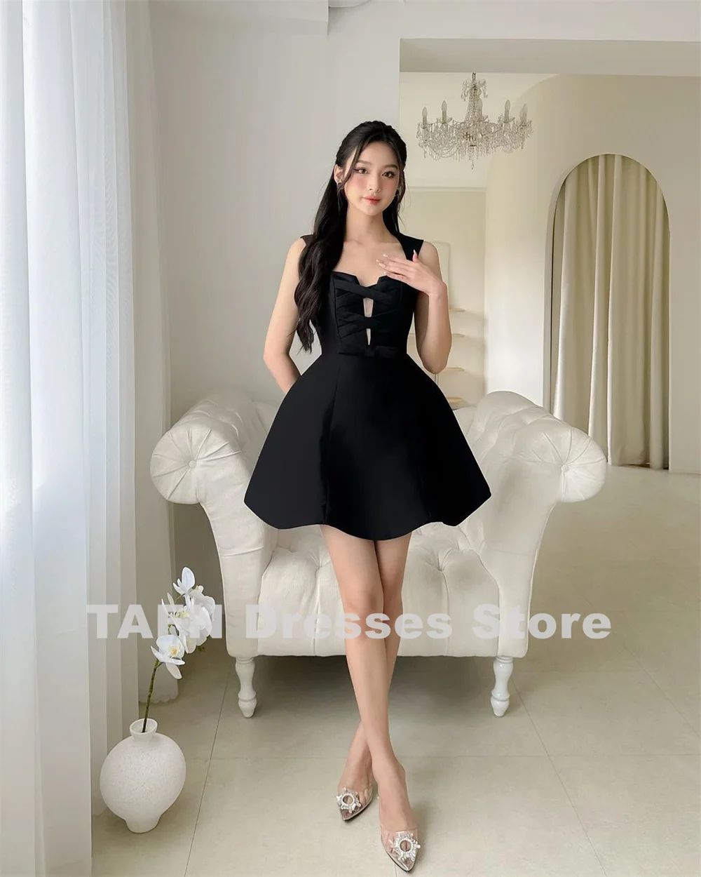 Tafn Criss-Cross schwarze Ballkleider ärmellose A-Linie Abendkleider modische einfache Satin Tages kleid