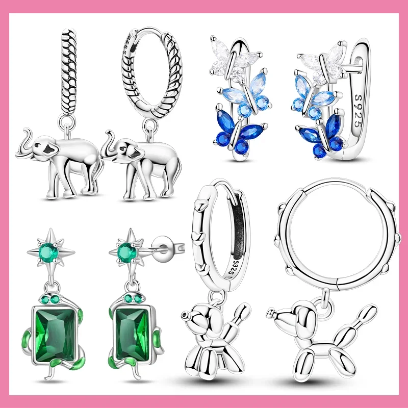 New 925 Silver VIP Dog Children's Fun Hoop Earrings Green Snake Earrings for Women Children's Birthday Party Jewelry Fine Gift