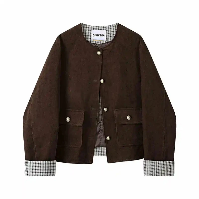 

Korean Vintage Casual Corduroy Jacket Women Single Breasted O Neck Coat Harajuku Y2K Long Sleeve Spring Fall Loose Cropped Top
