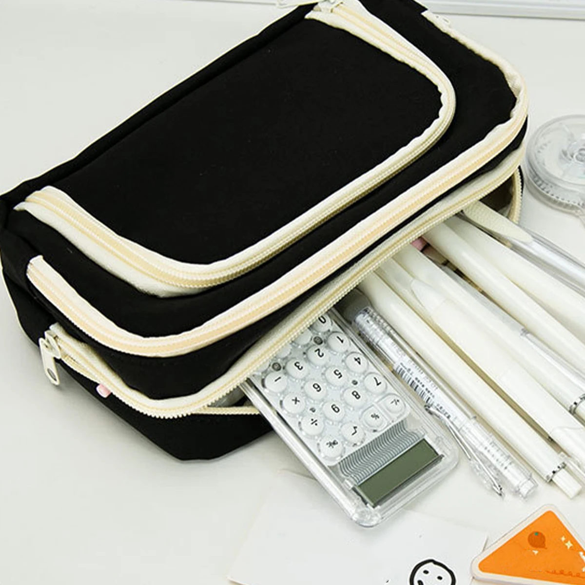 `Multi‑Layer Canvas Pencil Case, Large Capacity Pen Pouch with Mesh Pocket, Durable Zipper Stationery Bag for Teen Students Scho
