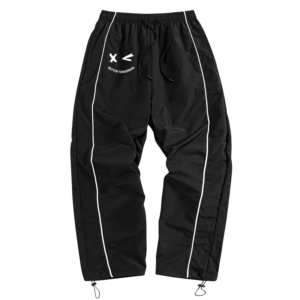 

Men's Outdoor Black Casual Sport Pants "Smiling Face Text"Print With White Side Stripes Drawstrings With Hip Hop Loose Trousers