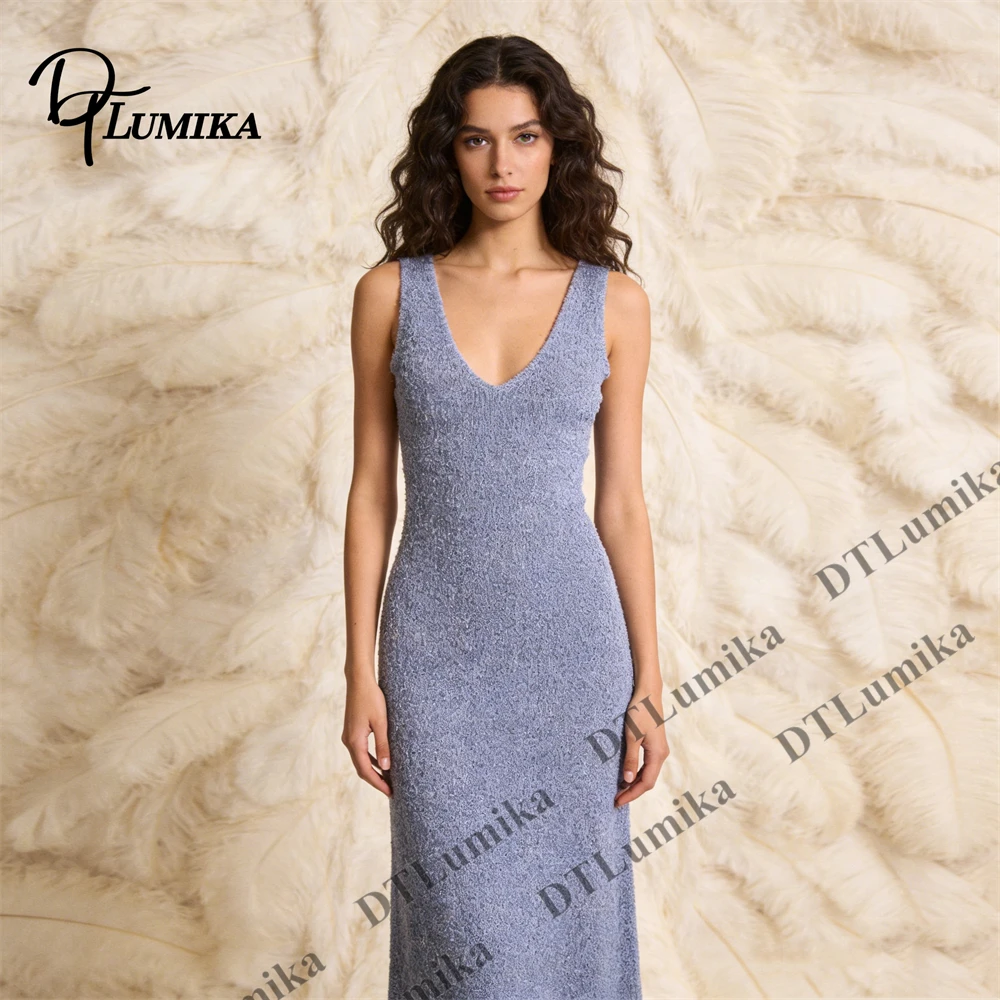 Periwinkle Bodycon Knit Midi Dress Sleeveless Deep V Neck for Office Commute Business Casual Smart Professional Outfit