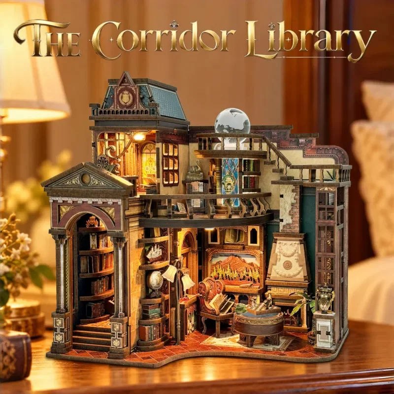 DIY Wooden Book Nook Kit Miniature Library Cottage Dollhouse with Figurines Mini Casa Bookshelf Insert Decor Birthday Gift