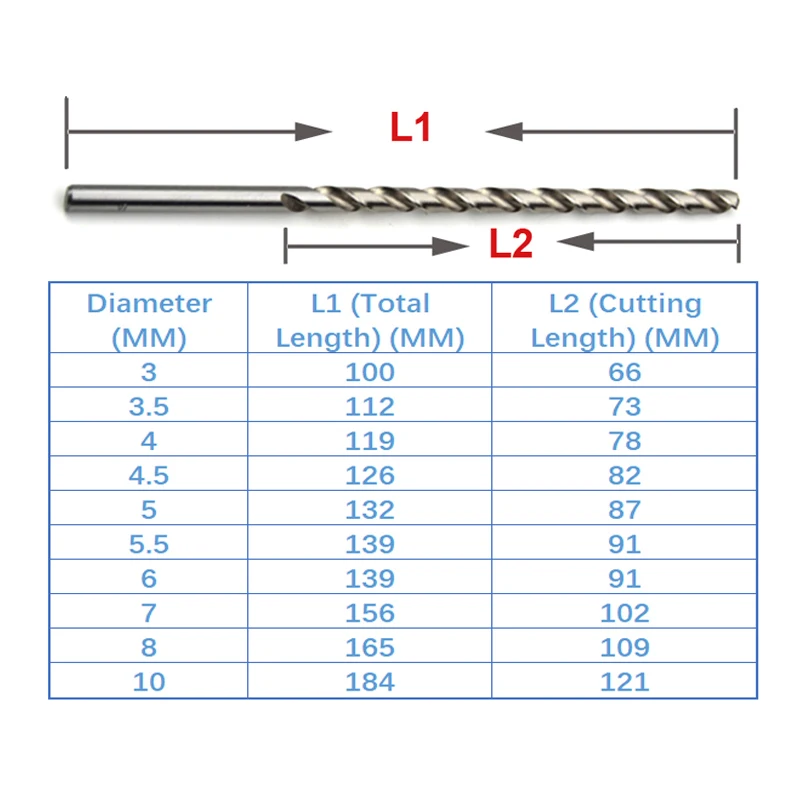10Pack HSS 4341 Extra Lange Spiraalboor 3mm,3.5mm,4mm,5mm,5.5mm,6mm,7mm,8mm Houtbewerking Jobber Boren DIY Gereedschap
