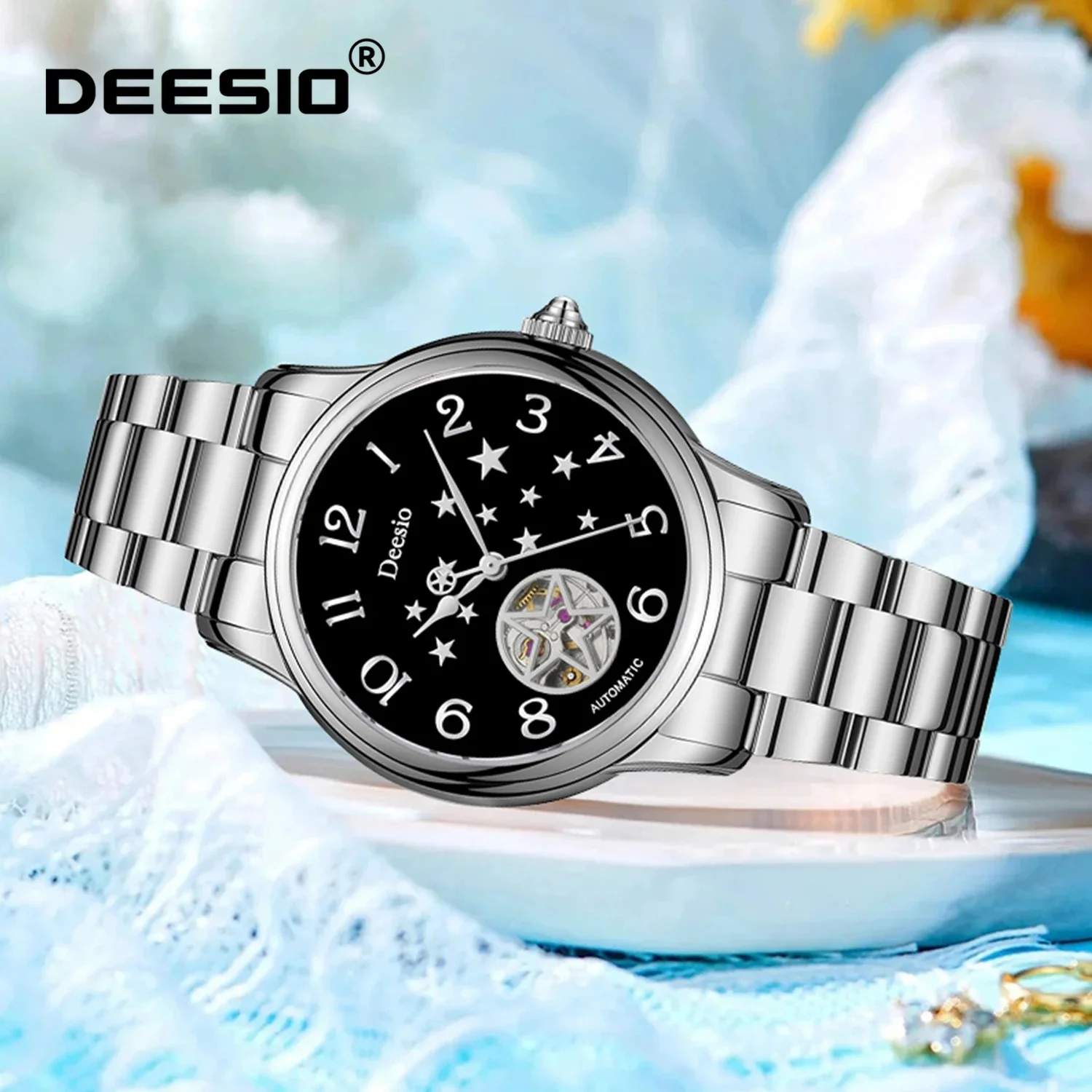 Deesio Womens Automatic Mechanical Watch Skeleton Dial Stainless Steel Band 50M Waterproof Luxury Dress Wristwatch Gift for Her