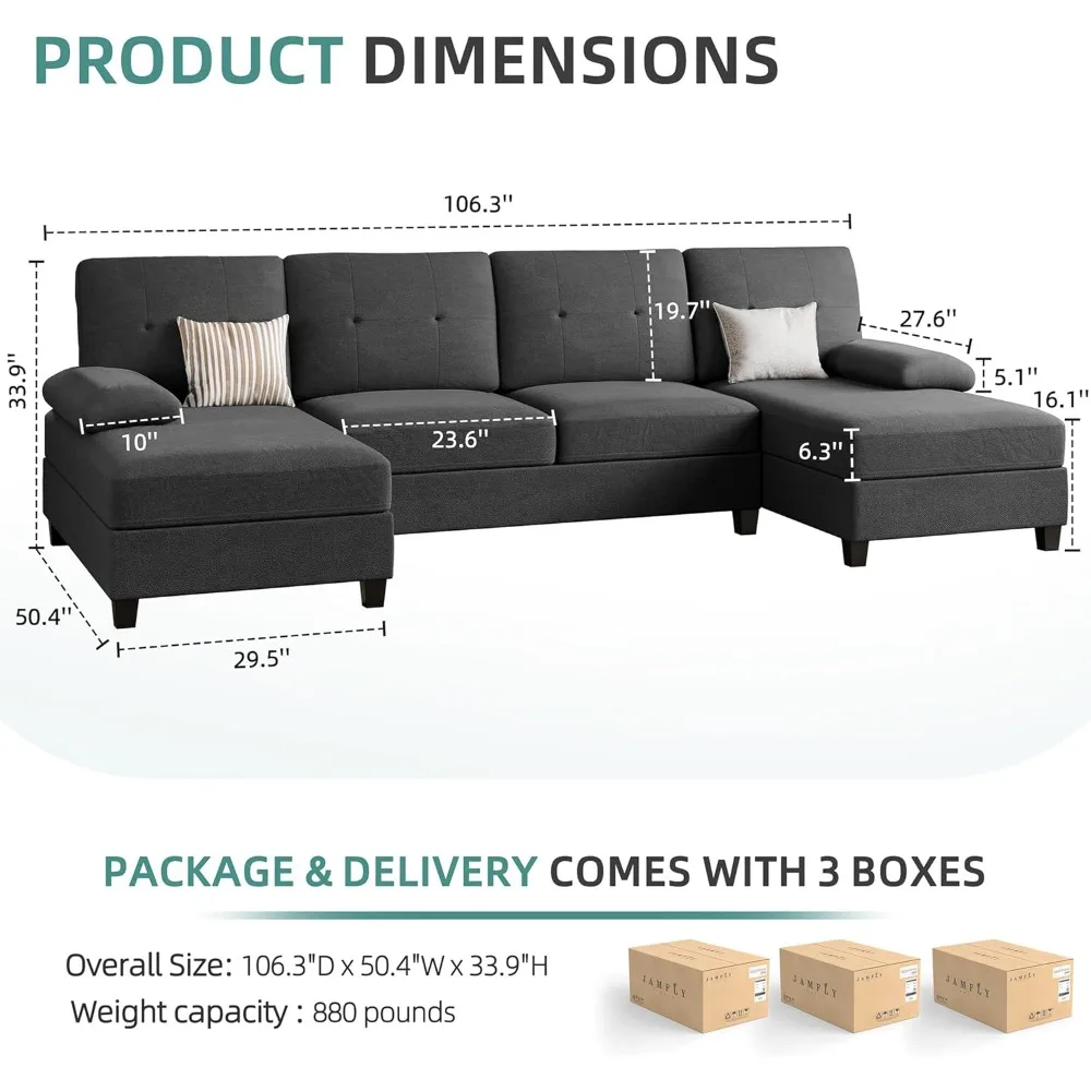 Sectional Sofa Couches for Living Room, Living Room Furniture Sets Clearance, 4 Seat U Shaped Sofa Sectional