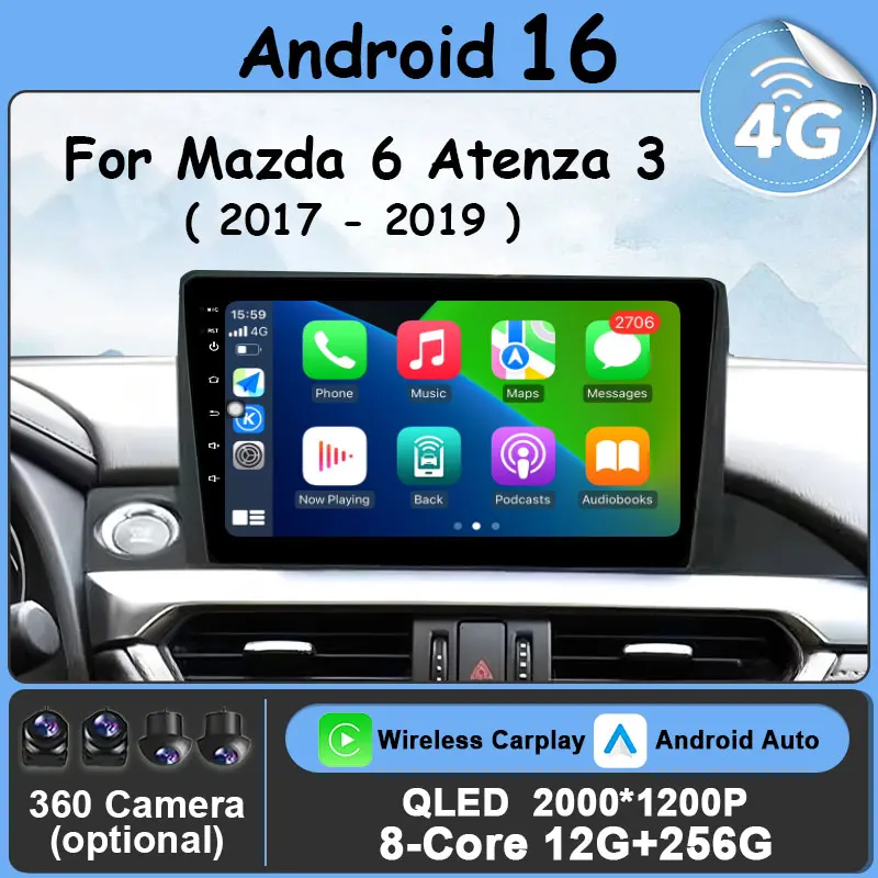 Android 16 AUTO Car Radio LHD for Mazda 6 Atenza 3 2017 - 2019 Navigation GPS Video Player DSP Stereo Multimedia WiFi 4G Carplay