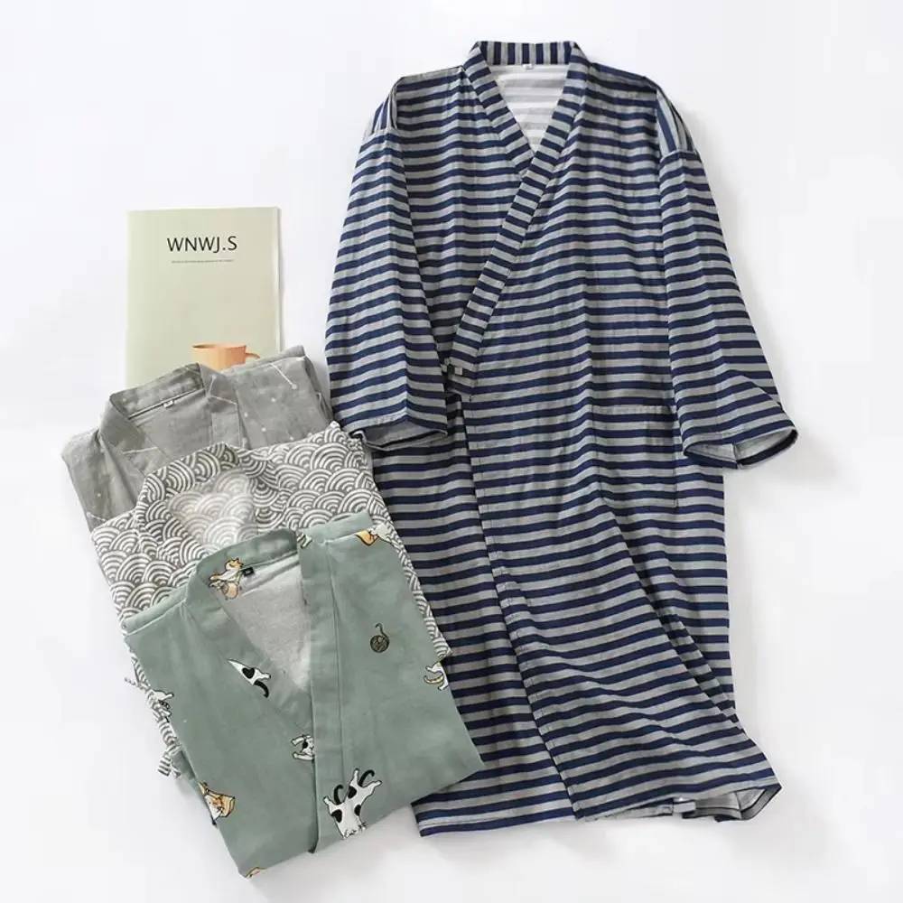 

Sleepwear V-Neck Men's Kimono Bathrobe Long Sleeve Thin Japanese-Style Yukata Casual Loose Kimono Pajamas Bath Wear